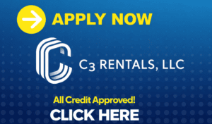 Blue ad banner for C3 Rentals, LLC with logo and yellow 'APPLY NOW' and 'CLICK HERE' CTAs on a dotted background.
