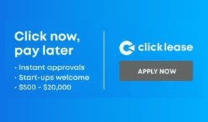 Blue ClickLease banner offering 'Click now, pay later' with bullet benefits and an Apply Now button on the right.